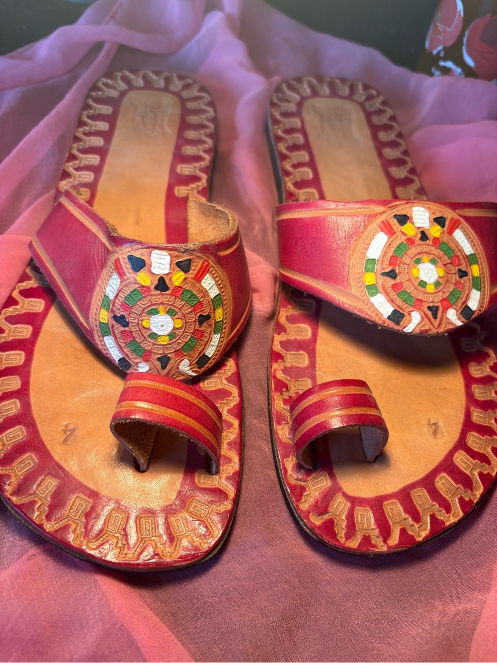 Handcrafted Red Leather Women’s Slide Sandals with Embroidered Medallion